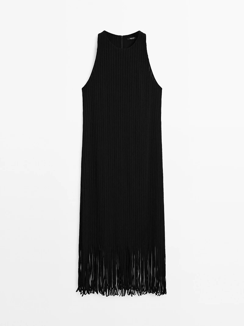 Textured knit dress with fringed hem