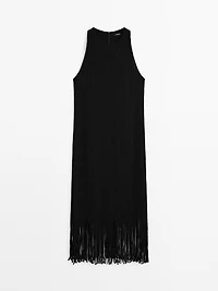 Textured knit dress with fringed hem