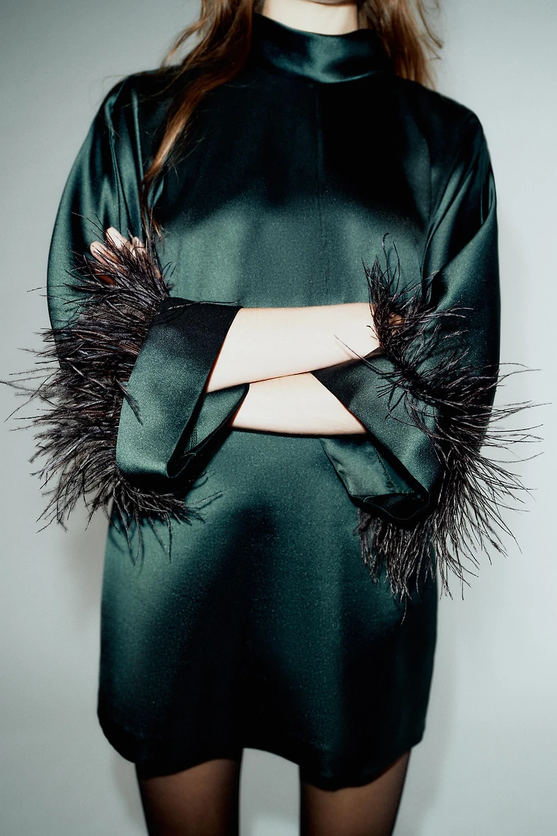 FEATHER SATIN EFFECT SHORT DRESS