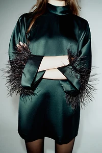 FEATHER SATIN EFFECT SHORT DRESS