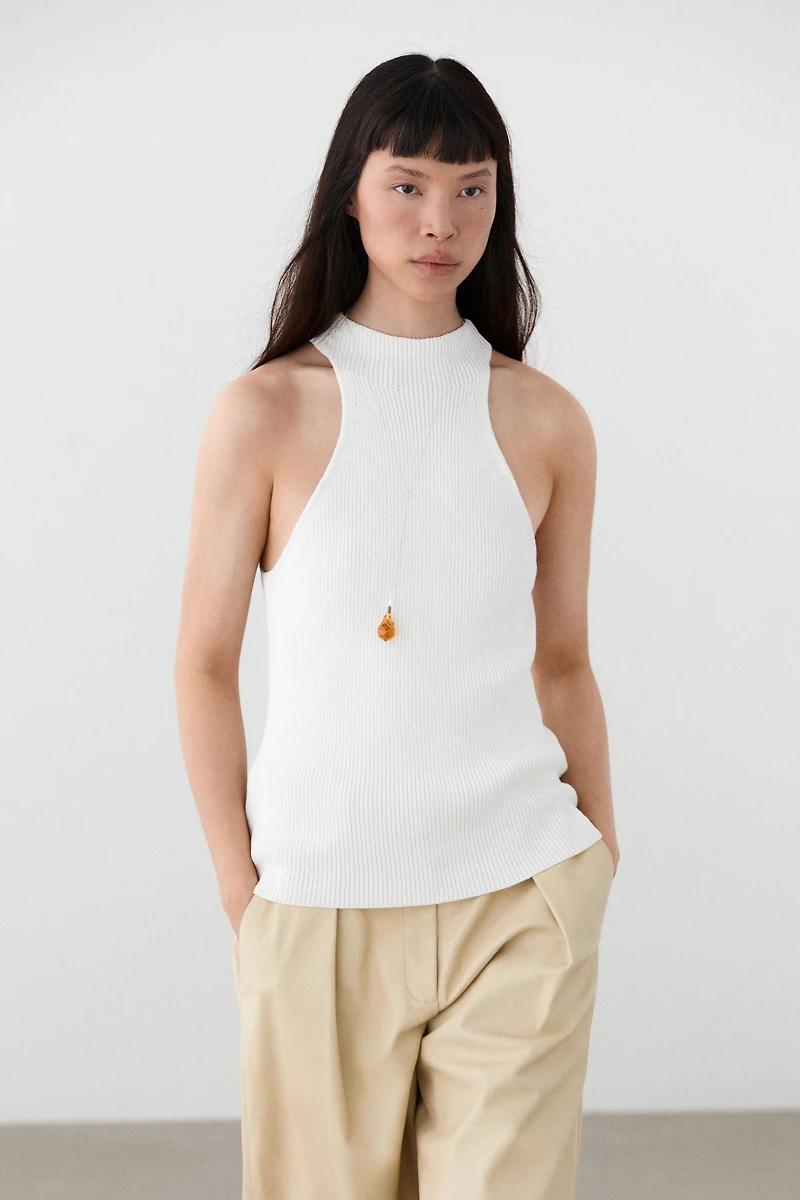Cotton blend halter top with ribbed detail