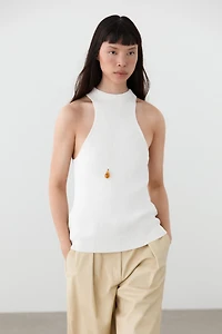 Cotton blend halter top with ribbed detail