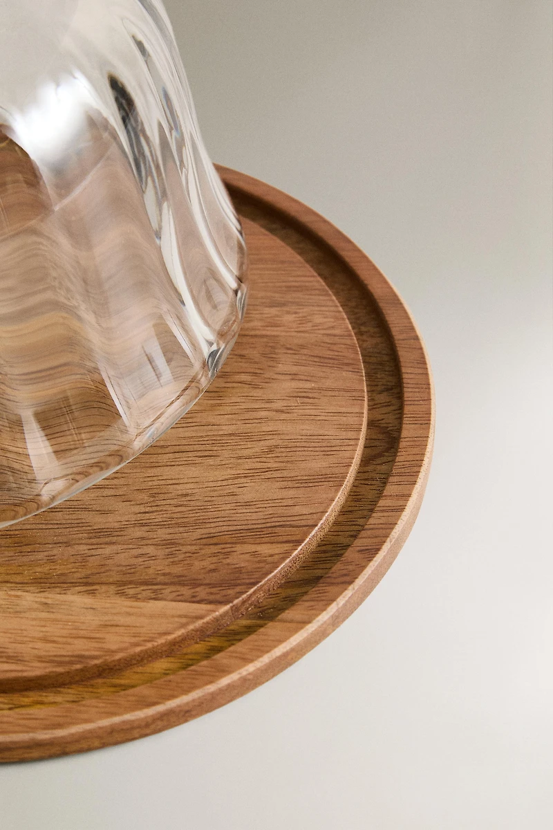 WOODEN CAKE STAND WITH GLASS DOME