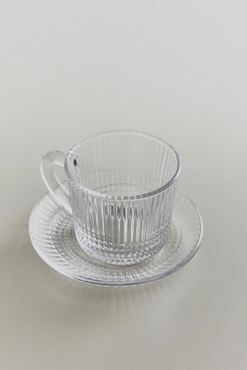 TASSE À CAFÉ AVEC SOUCOUPE EN VERRE À RELIEF GÉOMÉTRIQUE