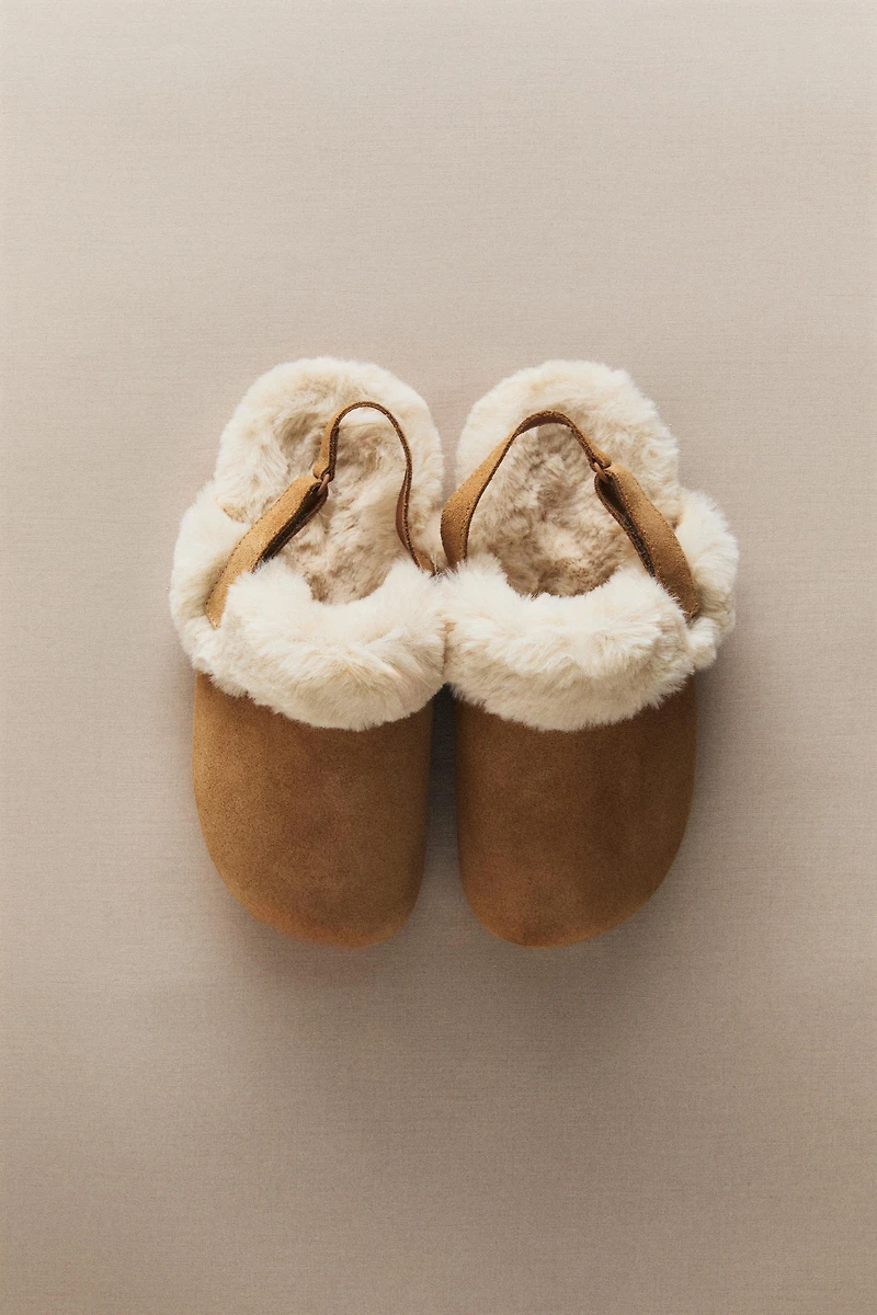KIDS WARM LEATHER MULE CLOG SLIPPERS