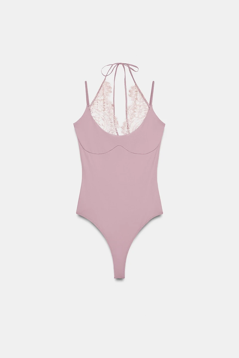 COMBINATION LACE HALTER BODYSUIT