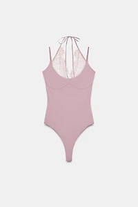 COMBINATION LACE HALTER BODYSUIT