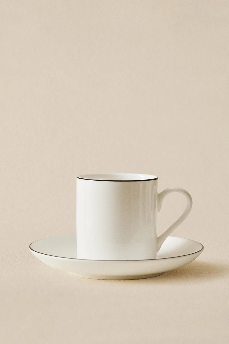 BONE CHINA COFFEE CUP AND SAUCER WITH BLACK RIM