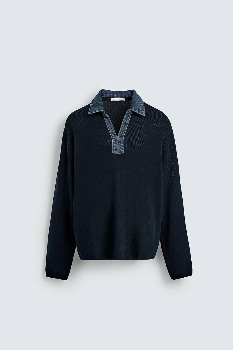 DENIM COLLAR KNIT POLO SHIRT