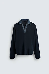 DENIM COLLAR KNIT POLO SHIRT