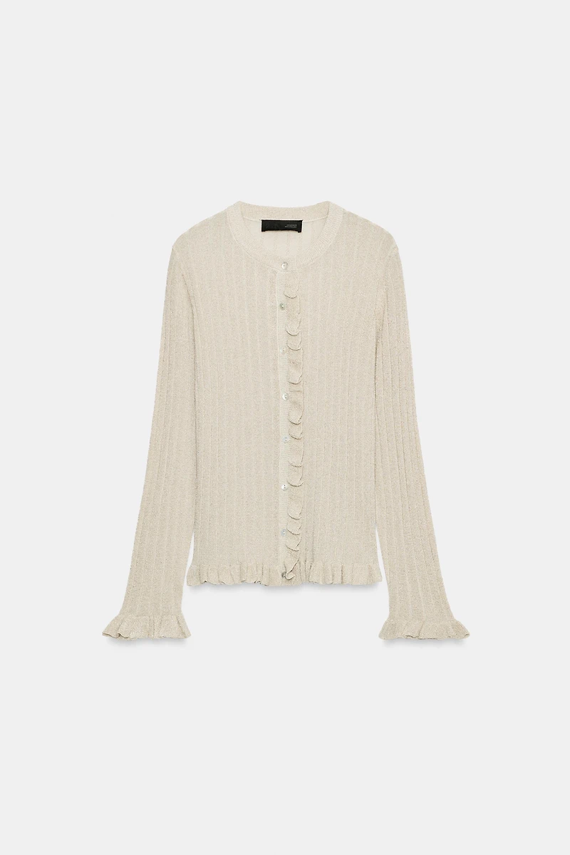 METALLIC THREAD RUFFLED KNIT CARDIGAN