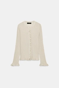 METALLIC THREAD RUFFLED KNIT CARDIGAN