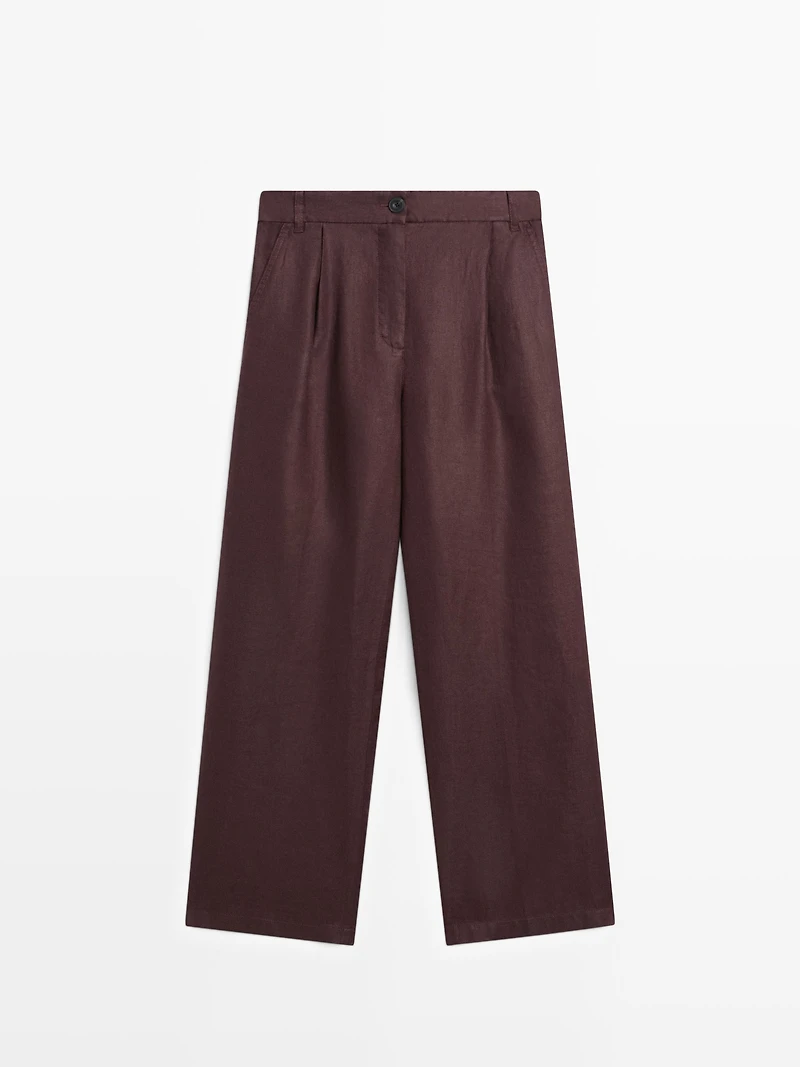 100% linen wide-leg elasticated trousers