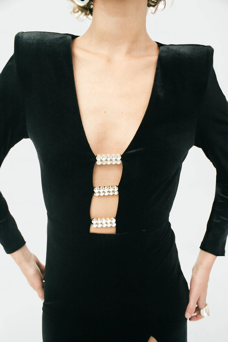 SHINY VELVET APPLIQUÉ MIDI DRESS