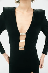 SHINY VELVET APPLIQUÉ MIDI DRESS