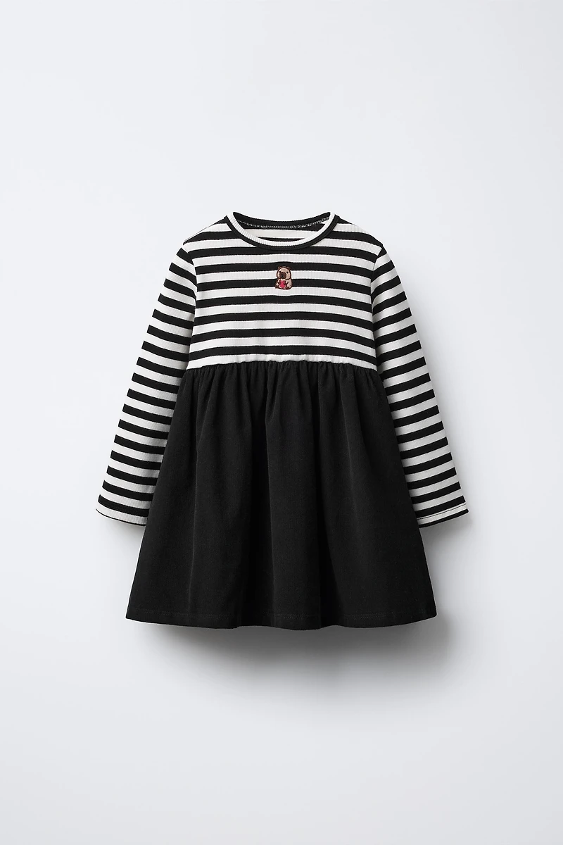 EMBROIDERED FINE-WALED CORDUROY STRIPED COMBINATION DRESS
