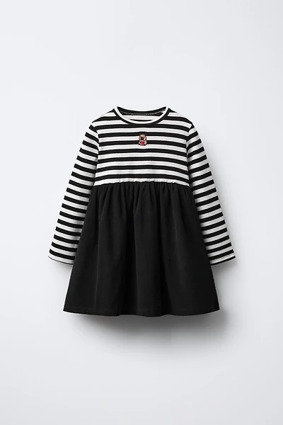 EMBROIDERED FINE-WALED CORDUROY STRIPED COMBINATION DRESS
