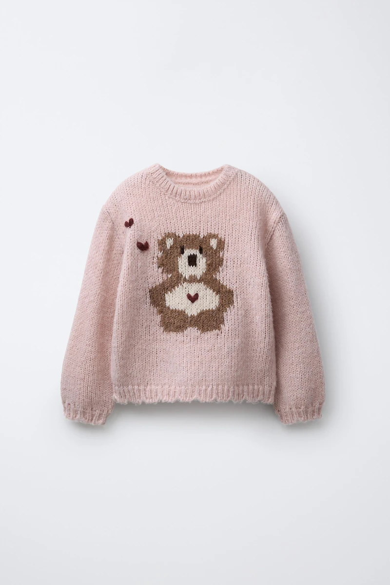 EMBROIDERED BEAR WOOL BLEND KNIT SWEATER