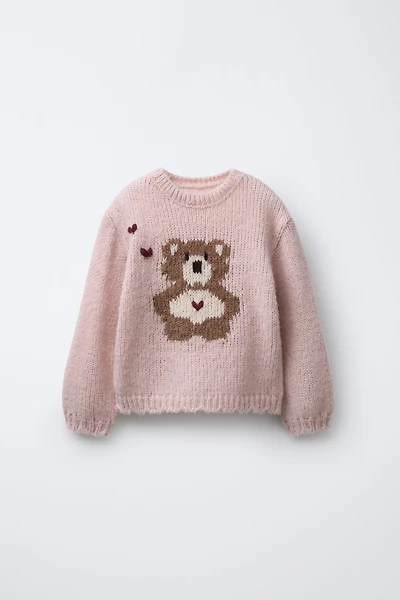 EMBROIDERED BEAR WOOL BLEND KNIT SWEATER