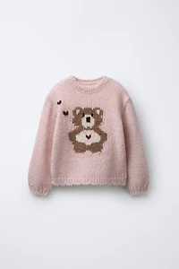 EMBROIDERED BEAR WOOL BLEND KNIT SWEATER