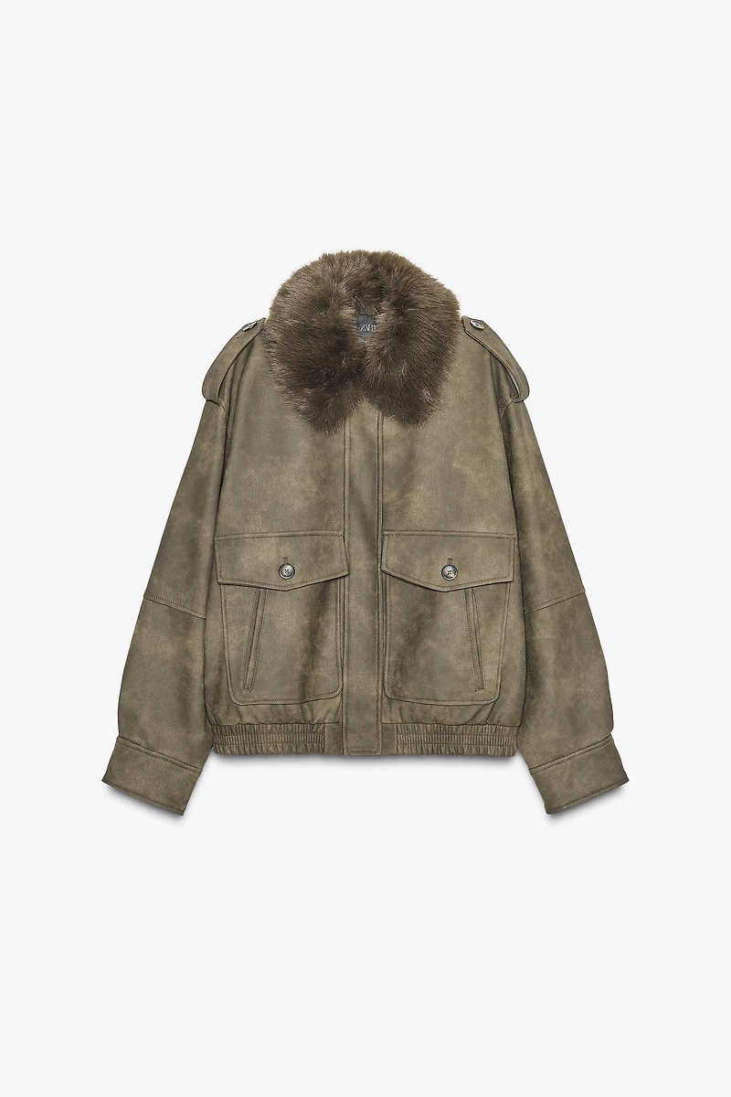 REMOVABLE COLLAR FAUX SUEDE JACKET