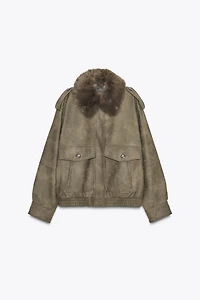 REMOVABLE COLLAR FAUX SUEDE JACKET
