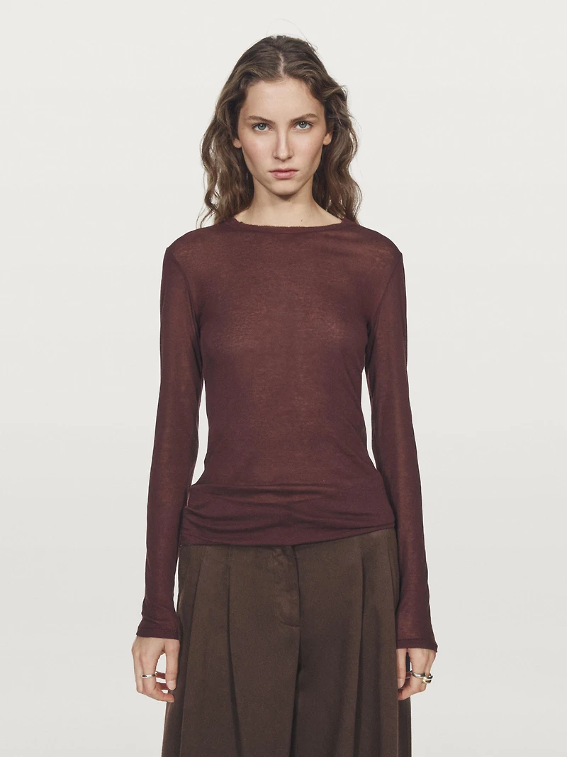 T-shirt semi-transparent 100 % coton à col contrastant