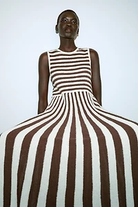 LONG TEXTURED PLEATED STRIPED DRESS