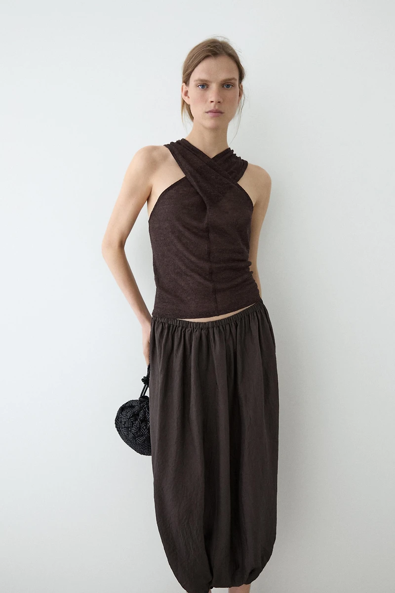 Linen blend top with surplice neckline