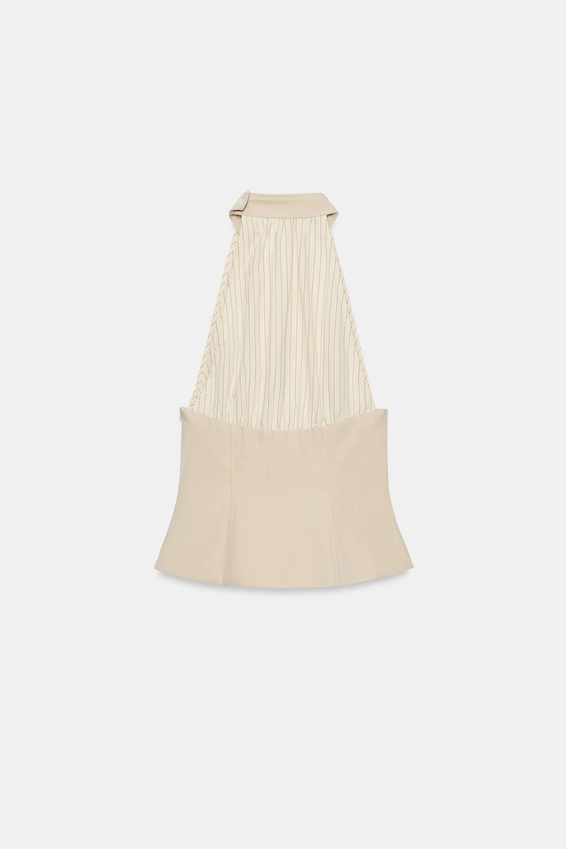 MIXED FABRIC BUTTON HALTER TOP