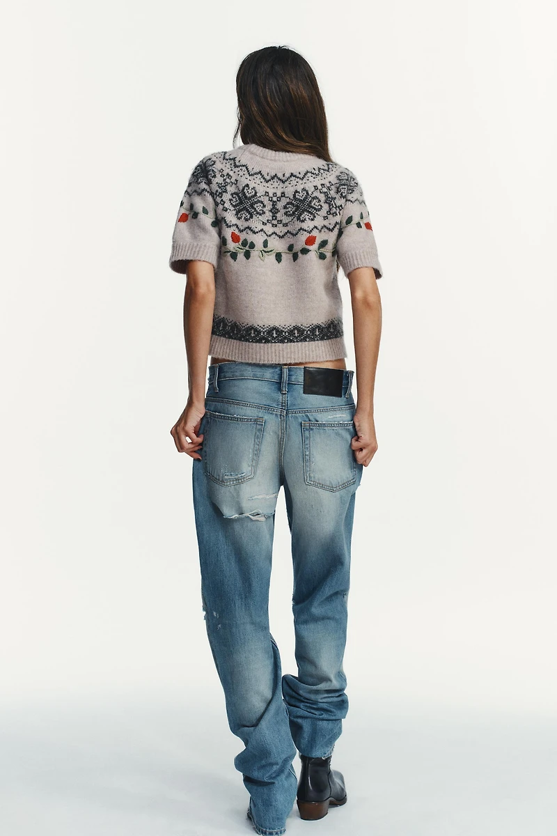 SHORT SLEEVE EMBROIDERED JACQUARD KNIT JUMPER