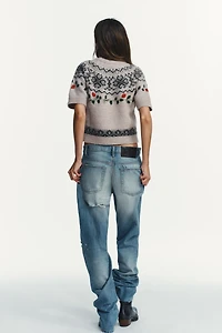 SHORT SLEEVE EMBROIDERED JACQUARD KNIT JUMPER