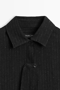 Striped linen blend oversize blouse with button detail