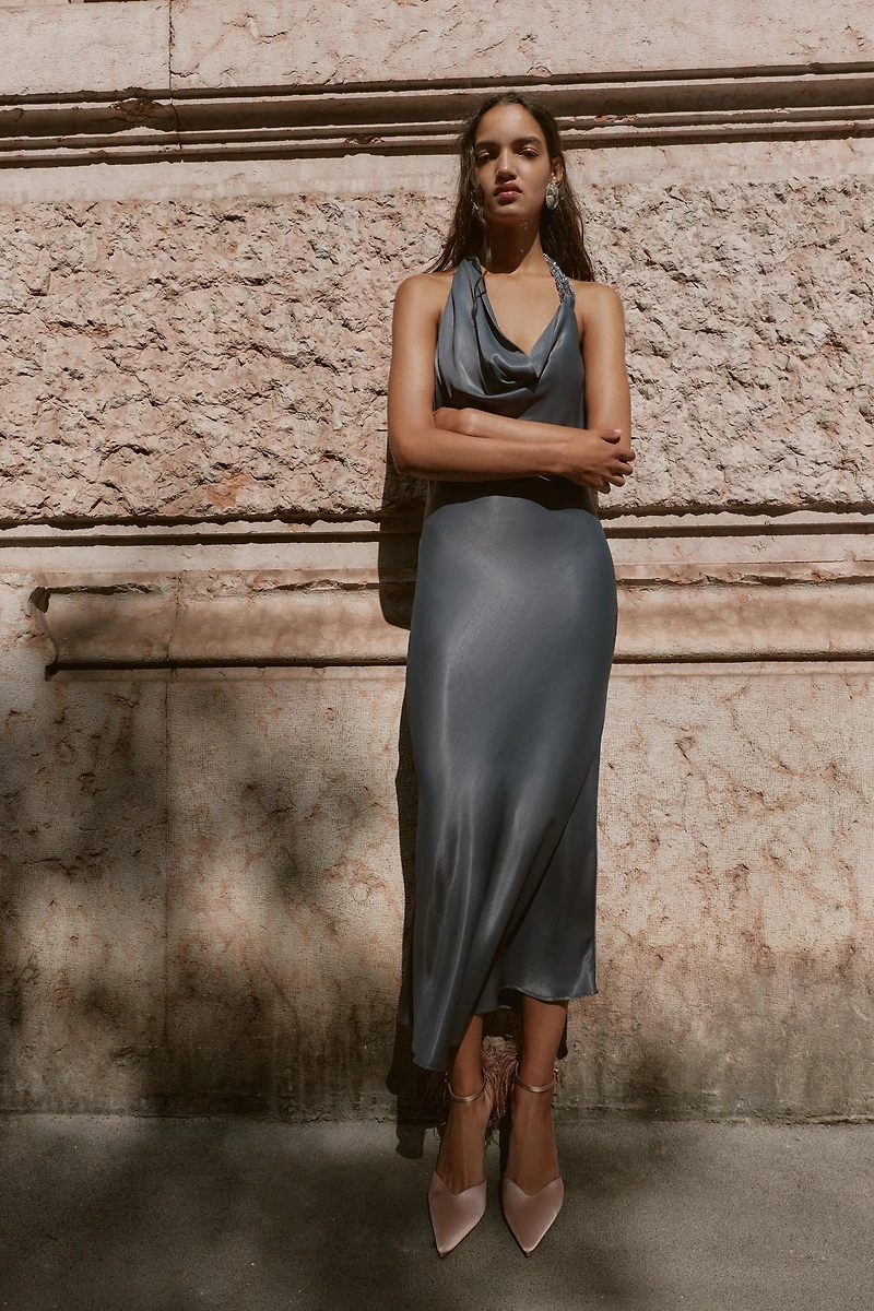 ASYMMETRICAL BEADED SATIN MIDI DRESS