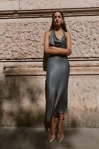 ASYMMETRICAL BEADED SATIN MIDI DRESS