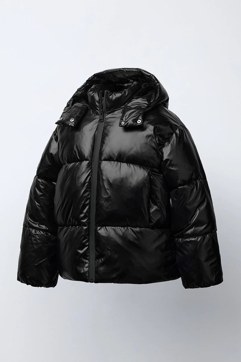 SHINY HOODED PUFFER JACKET WITH FAUX FUR LINING