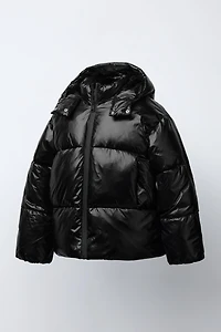 SHINY HOODED PUFFER JACKET WITH FAUX FUR LINING