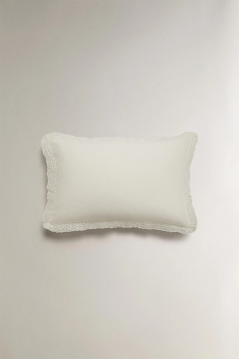 EMBROIDERED COTTON THROW PILLOW COVER WITH RUFFLES