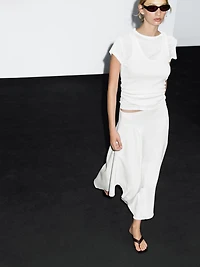 Asymmetric denim midi skirt