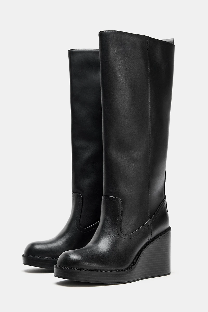 LEATHER WEDGE HEEL WATER REPELLENT BOOTS