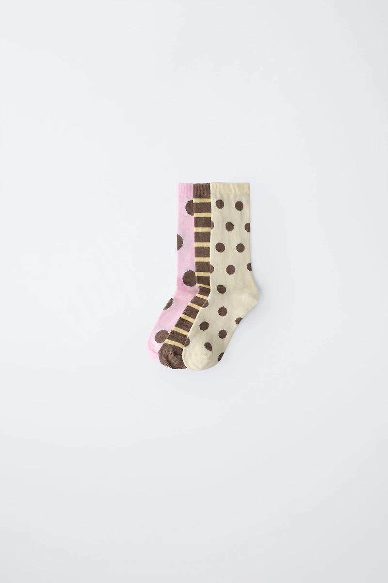THREE-PACK OF LONG STRIPED AND POLKA DOT SOCKS