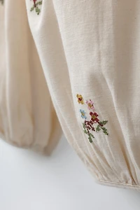 COTTON LINEN BLEND CROSS STITCH EMBROIDERED PANTS
