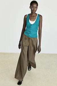 Satin linen blend V-neck top