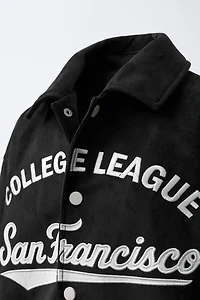 EMBROIDERED TEXT FAUX SUEDE BOMBER JACKET