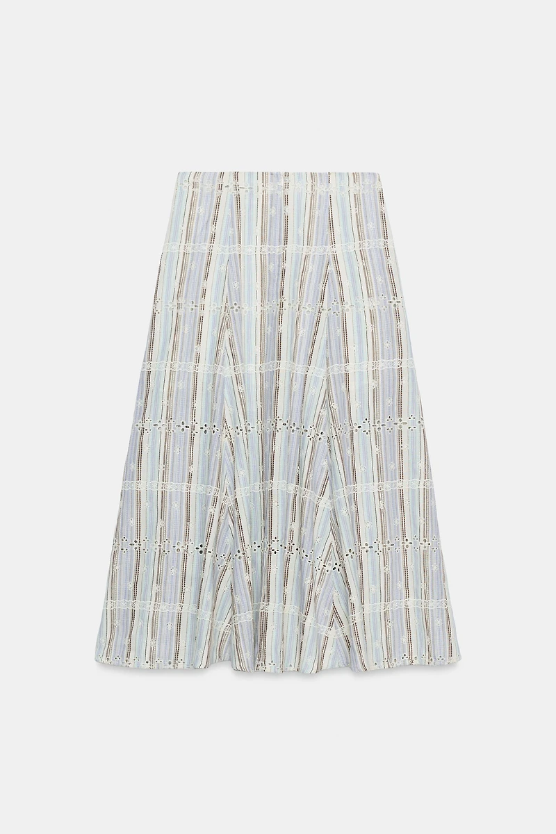 STRIPED EMBROIDERED MIDI SKIRT