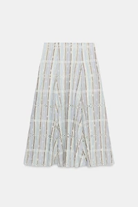 STRIPED EMBROIDERED MIDI SKIRT
