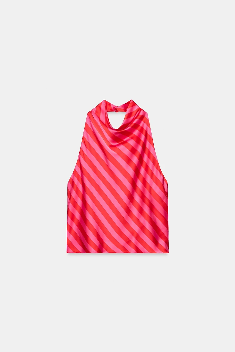 STRIPED SATIN HALTER TOP