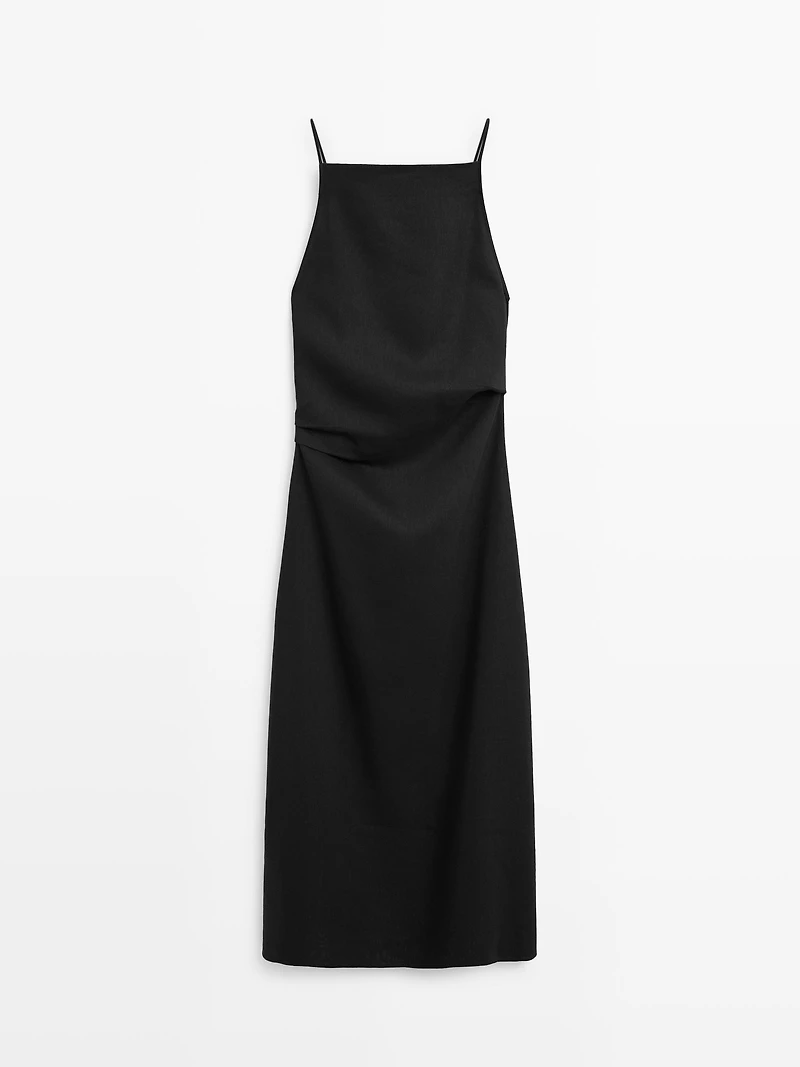 Linen blend pleated midi dress