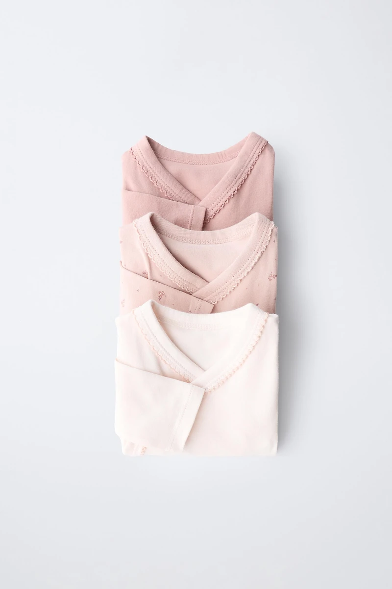 THREE-PACK OF KIMONO COLLAR FLORAL BODYSUITS