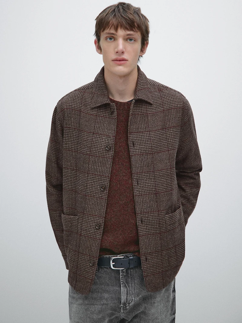 Wool blend check overshirt
